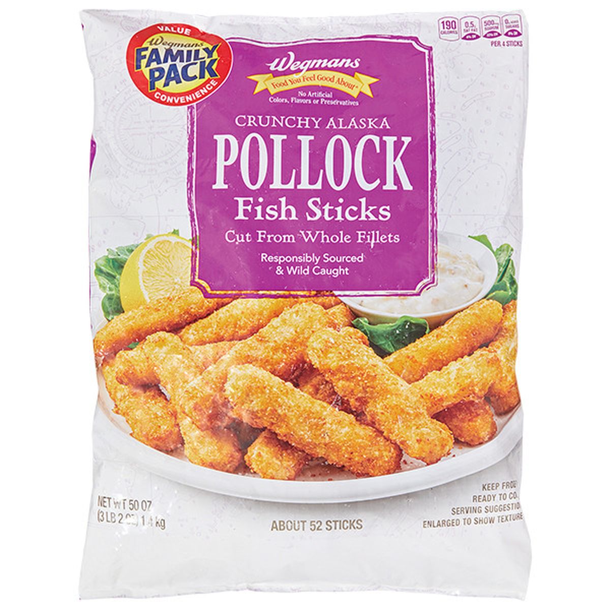 Calories in Wegmans Crunchy Alaska Pollock Fish Sticks, FAMILY PACK