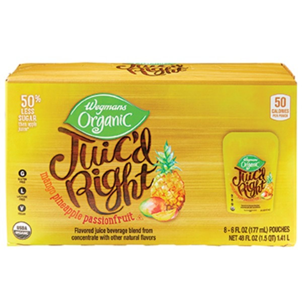 Calories in Wegmans Organic Juic'd Right, Mango Pineapple Passionfruit Juice Pouches
