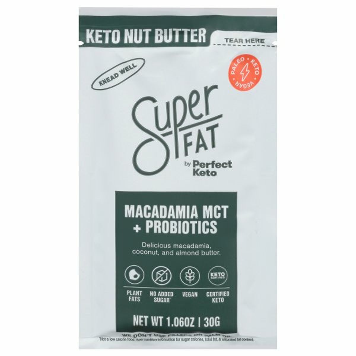 Calories in SuperFat Keto Nut Butter, Macadamia MCT + Probiotics