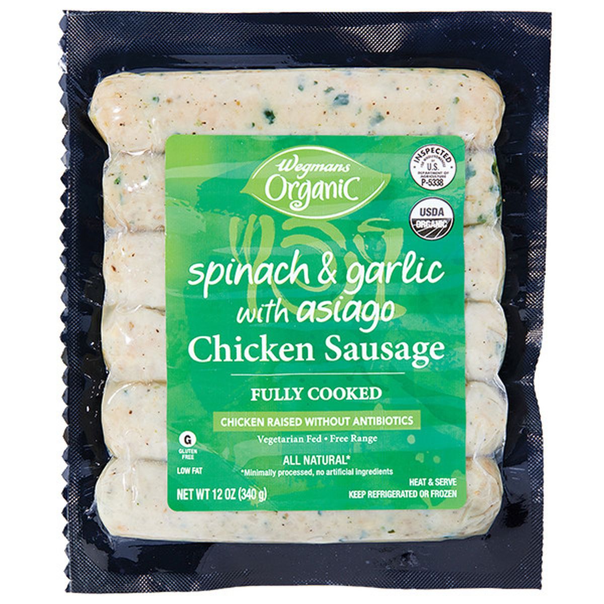 Calories in Wegmans Organic Spinach & Garlic with Asiago Chicken Sausage