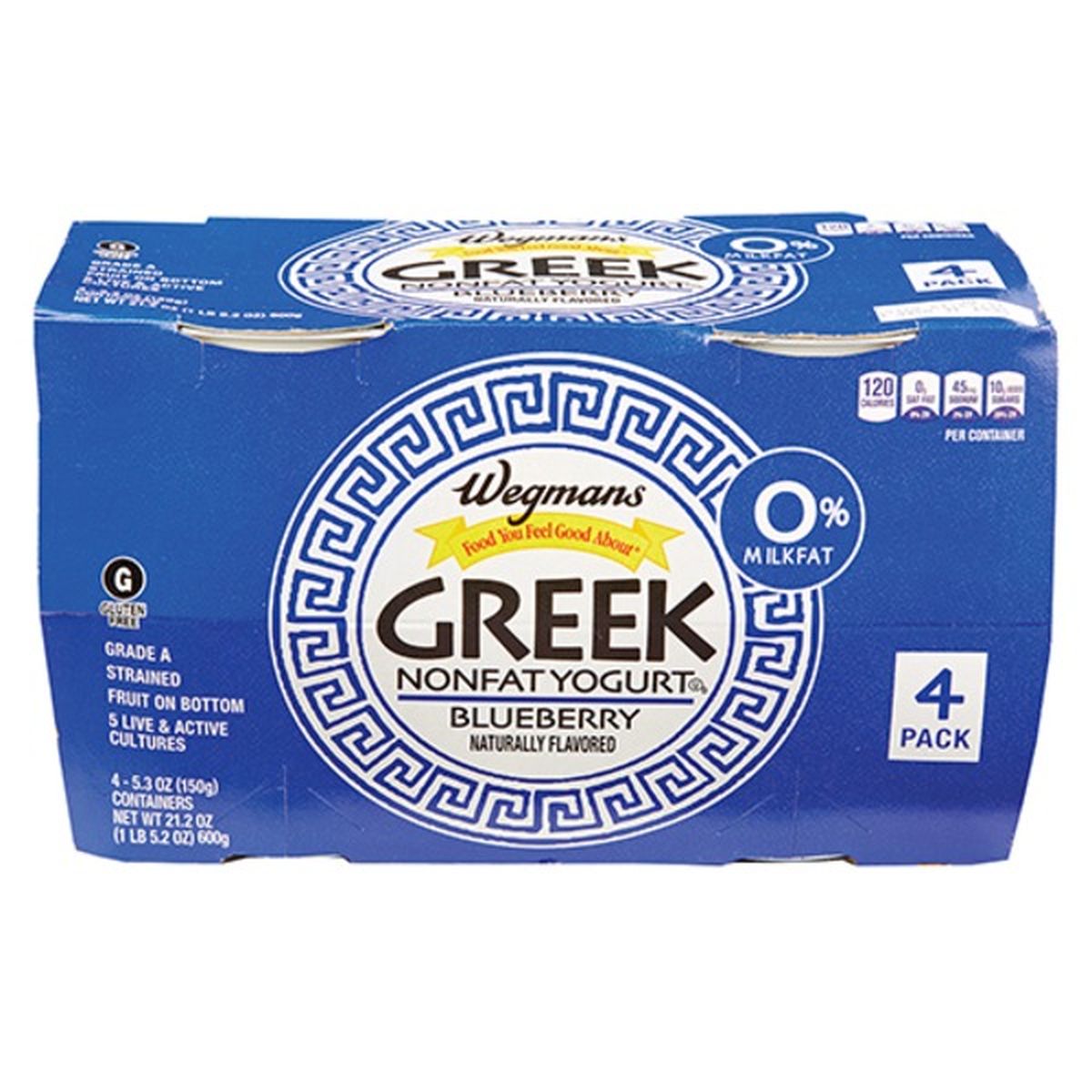 Calories in Wegmans Greek Blueberry Nonfat Yogurt, 4 PACK