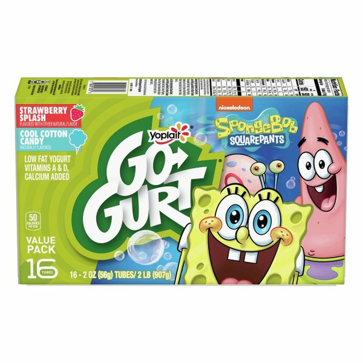 Calories in Go-Gurt Yogurt, Low Fat, Strawberry Splash/Cool Cotton Candy, Spongebob Squarepants, Value Pack