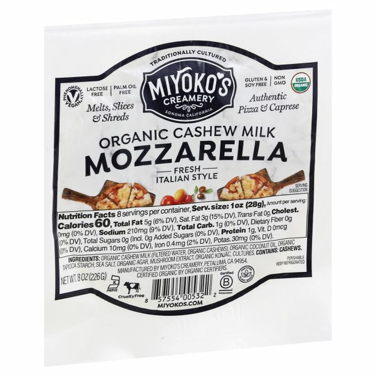Calories in Miyoko's Creamery Cheese, Organic, Mozzarella
