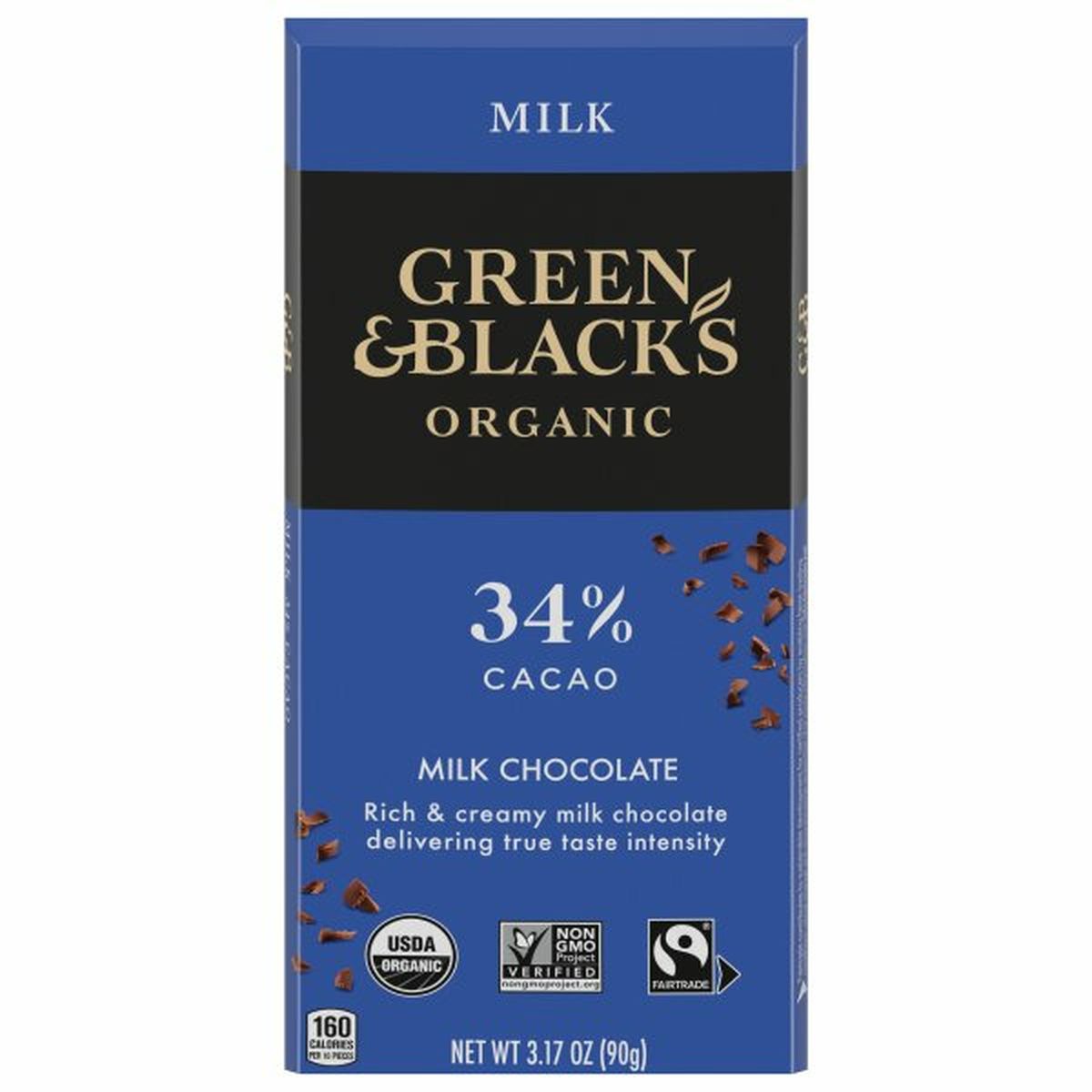 Calories in Green & Black's Milk Chocolate, Organic, 34% Cacao