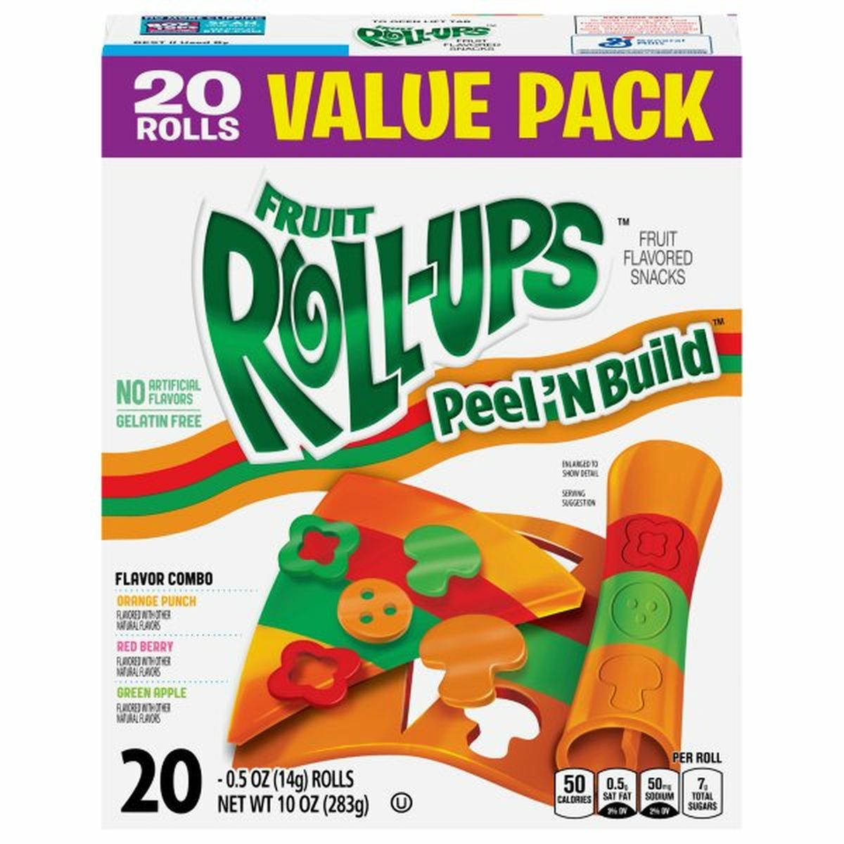 Calories in Fruit Roll-Ups Peel 'N Build Fruit Flavored Snacks, Assorted Flavor Combo, Value Pack, 20 Pack
