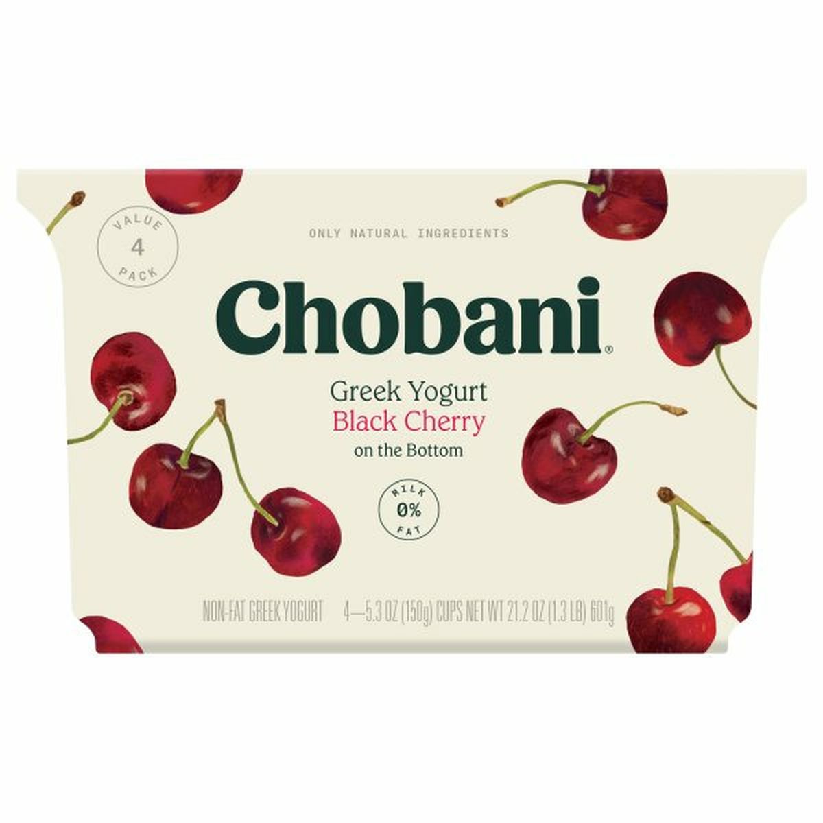 Calories in Chobani Yogurt, Greek, Non-Fat, Black Cherry, On the Bottom, Value 4 Pack