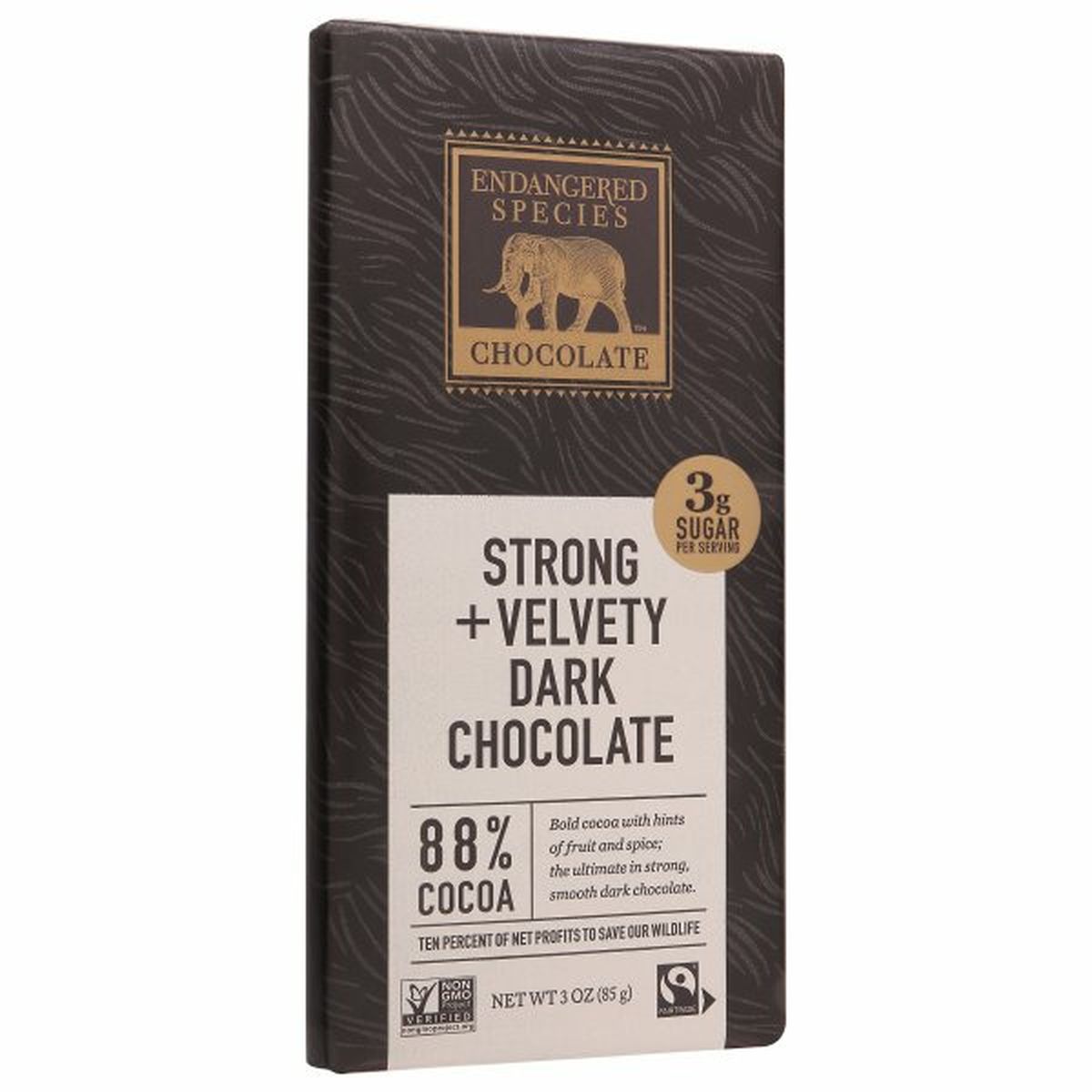 Calories in Endangered Species Chocolate, Strong + Velvety Dark Chocolate, 88% Cocoa