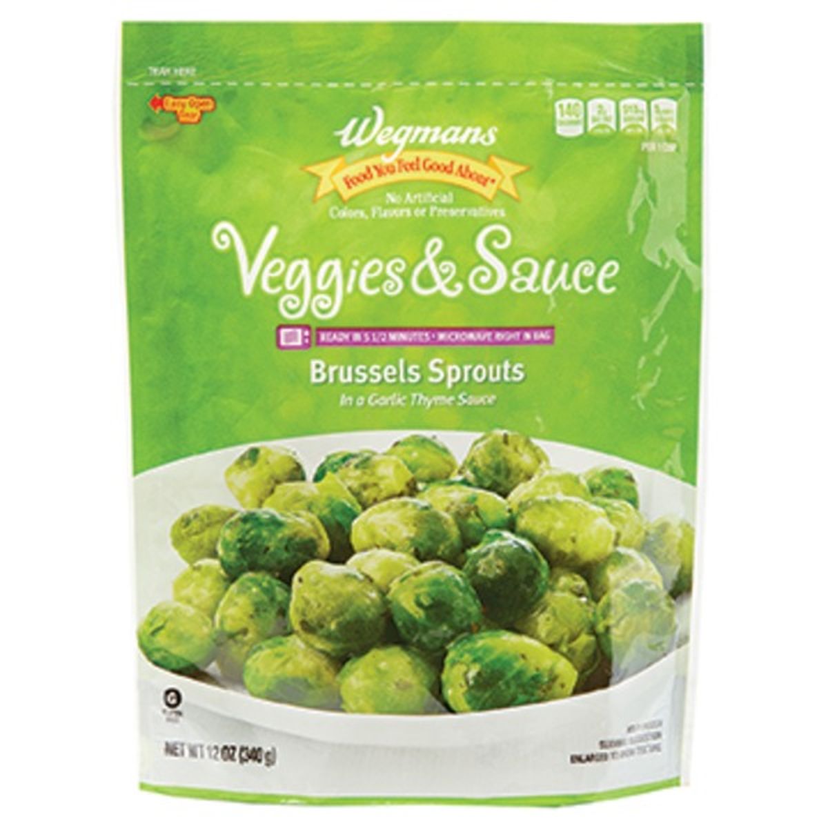 Calories in Wegmans Microwaveable Veggies & Sauce, Brussels Sprouts in a Garlic Thyme Sauce