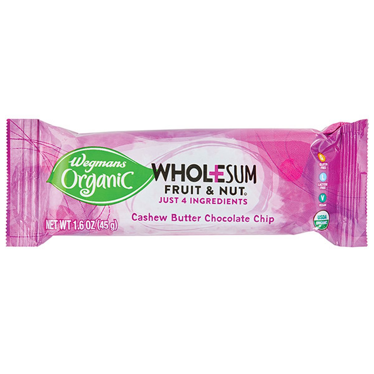 Calories in Wegmans Organic Cashew Butter Chocolate Chip Wholesum Fruit & Nut Bar