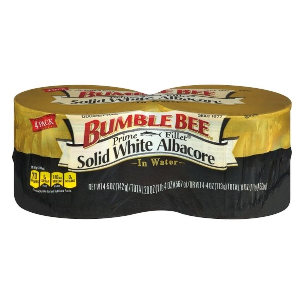 Calories in Bumble Bee Prime Fillet Tuna in Water, Albacore, Solid White, 4 Pack
