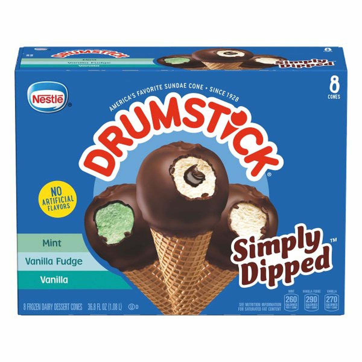 Calories in Drumstick Simply Dipped Frozen Dairy Dessert Cones, Mint/Vanilla Fudge/Vanilla, 8 Pack