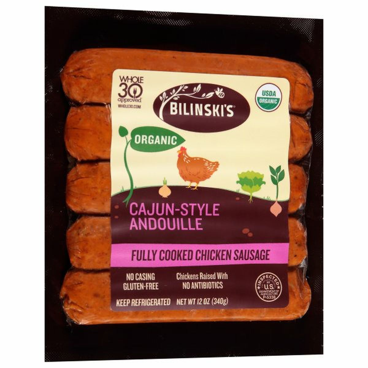 Calories in Bilinski's Sausage Chicken Sausage, Organic, Cajun-Style Andouille