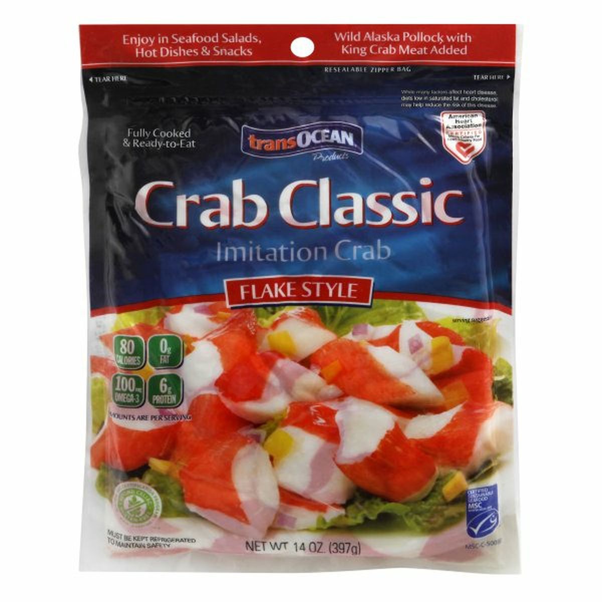 Calories in TransOcean Crab Classic Imitation Crab, Flake Style