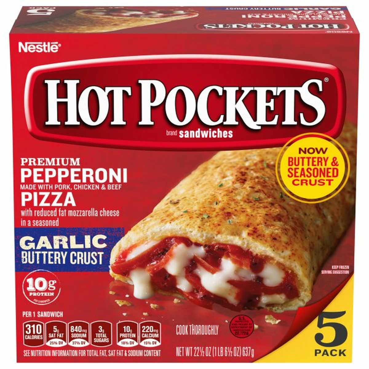 Calories in Hot Pockets Sandwiches, Pepperoni Pizza, Premium, Garlic Buttery Crust, 5 Pack