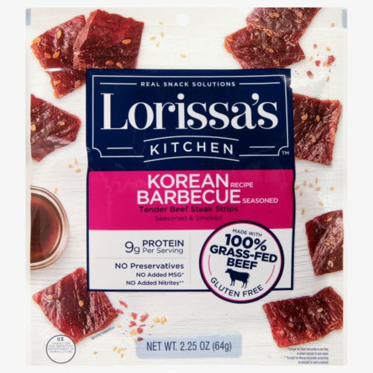 Calories in Lorissas Kitchen Streak Strips, Tender Beef, Barbecue Seasoned, Korean Recipe