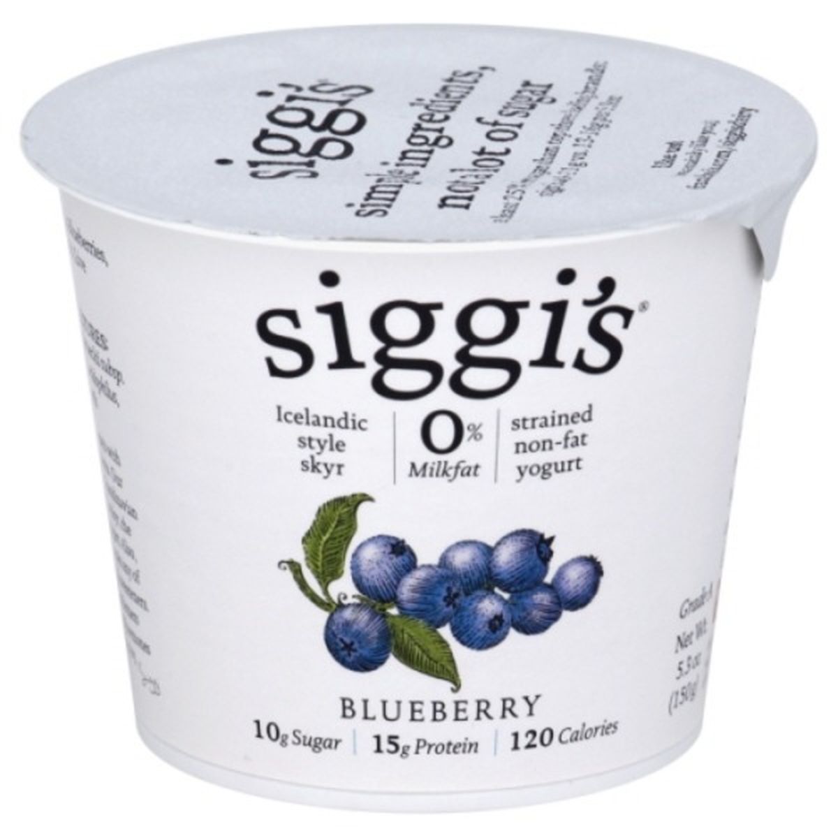 Calories in Siggi's Yogurt, Non-Fat, Icelandic Style Skyr, Strained, Blueberry