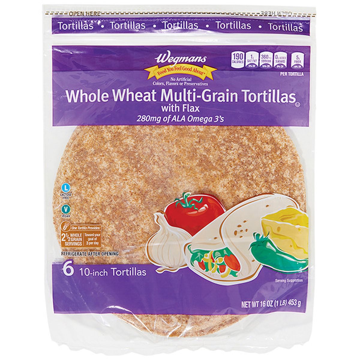Calories in Wegmans Whole Wheat Multi-Grain Tortillas with Flax, 10 Inch, 6 Count