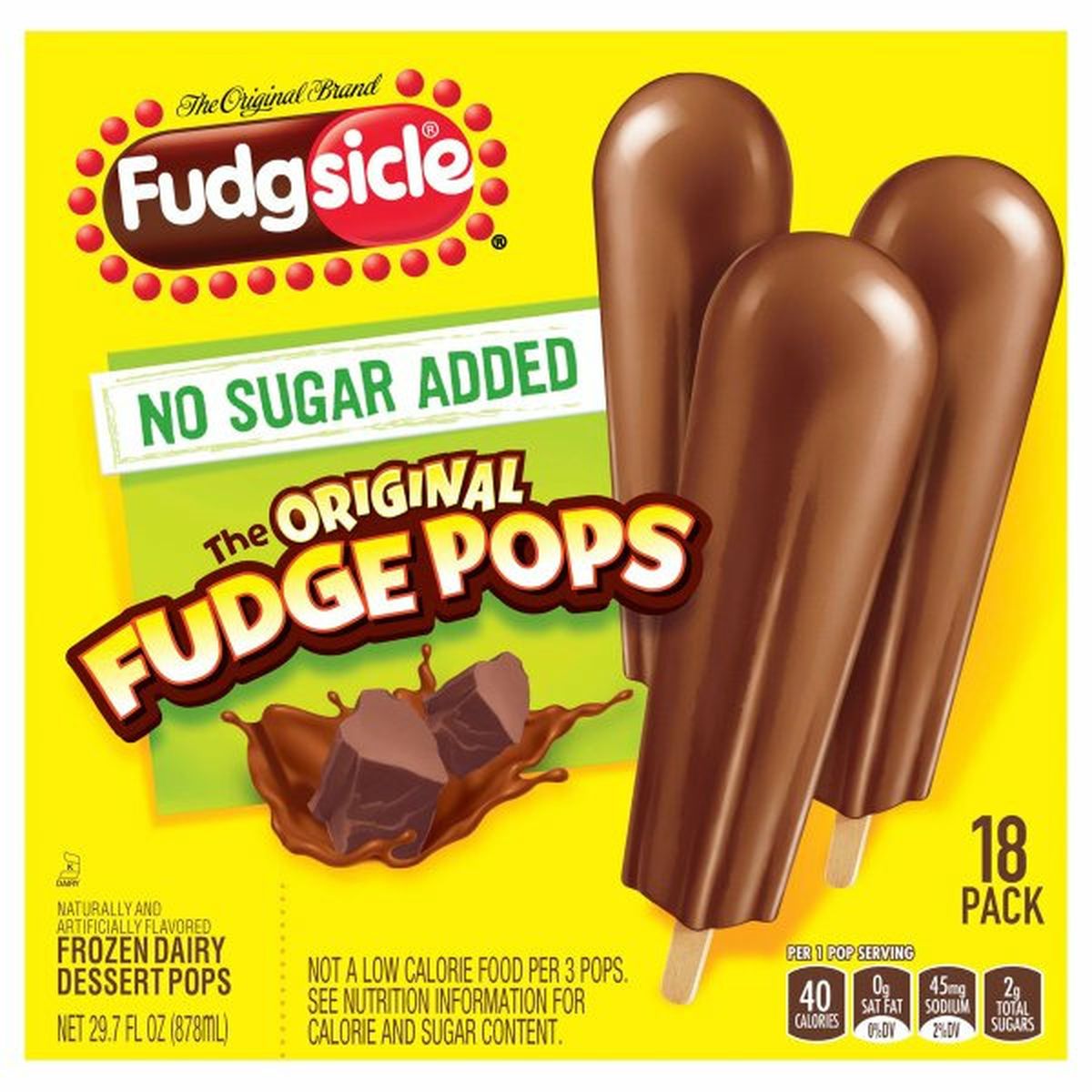 Calories in Popsicle Frozen Dairy Dessert Pops, No Sugar Added, The Original Fudge Pops, 18 Pack