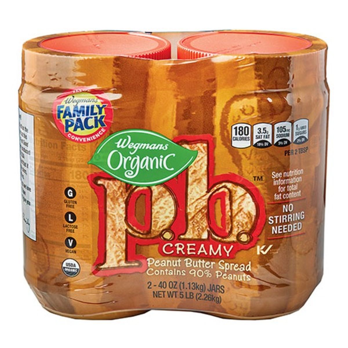 Calories in Wegmans Organic Creamy p.b. Peanut Butter Spread, 2 UNITS, FAMILY PACK