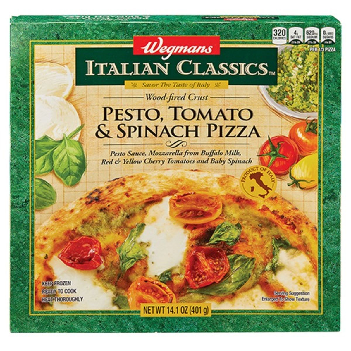Calories in Wegmans Italian Classics Wood-Fired Crust Pizza, Pesto Sauce, Tomato & Baby Spinach