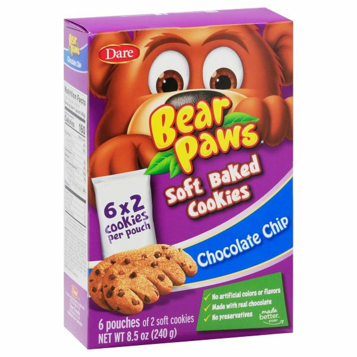 Calories in Dare Bear Paws Cookies, Soft Baked, Chocolate Chip, 6 Pack