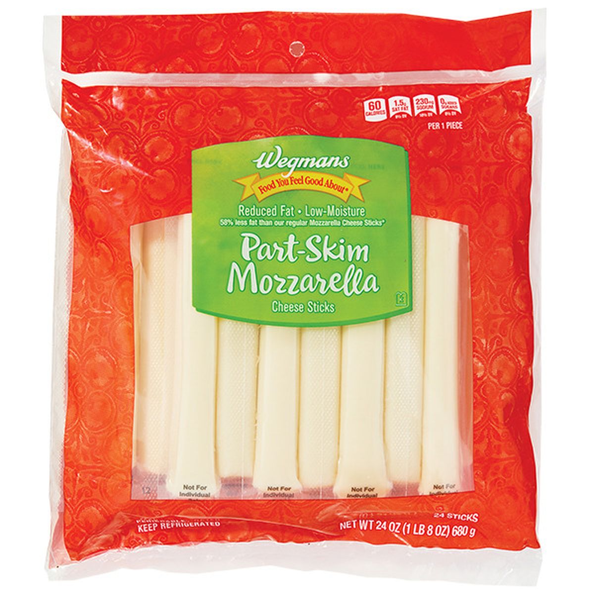 Calories in Wegmans Reduced Fat Part-Skim Mozzarella Cheese Sticks, 24 Count