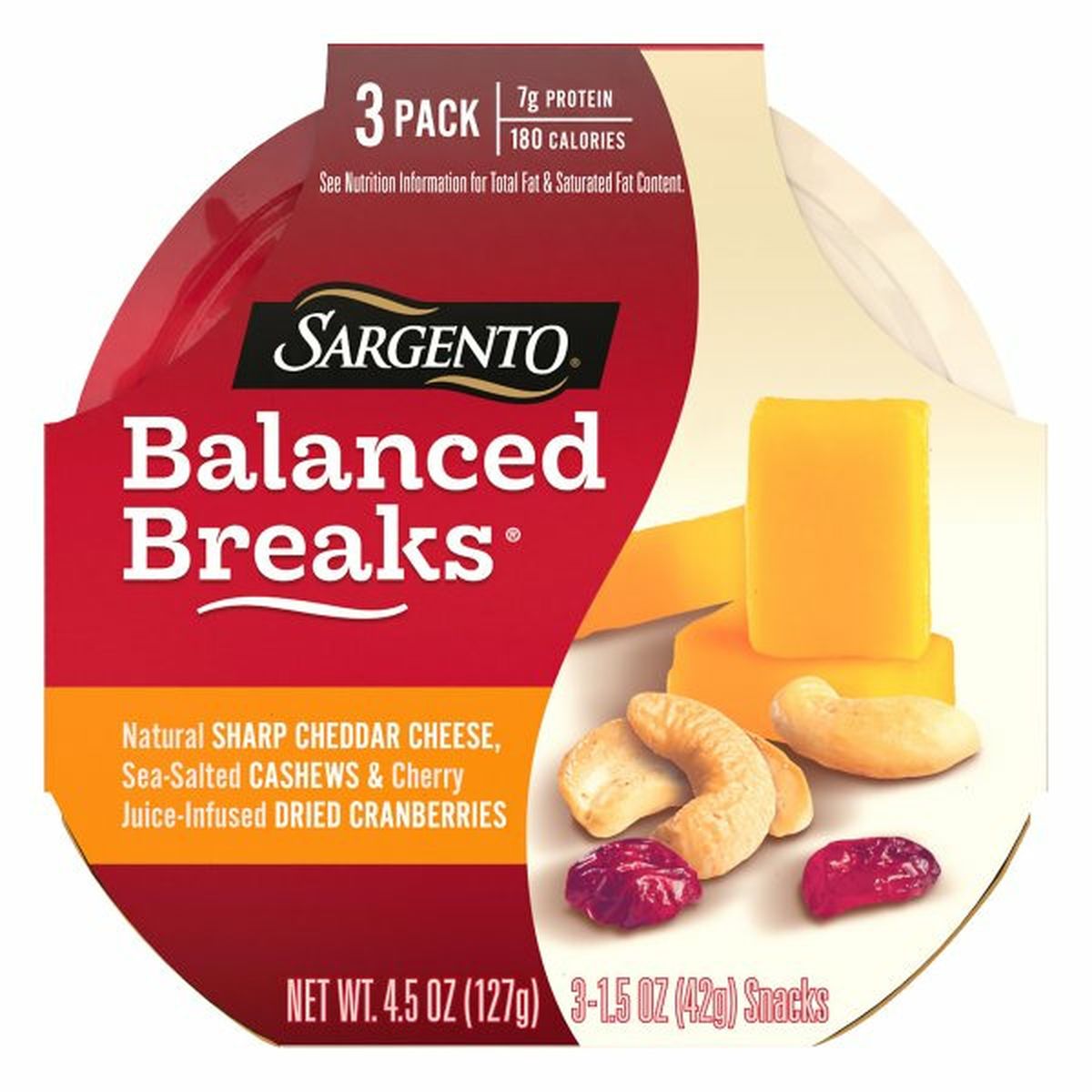 Calories in Sargentos Balanced Breaks, Sharp Cheddar/Cashews/Cranberries, 3 Pack