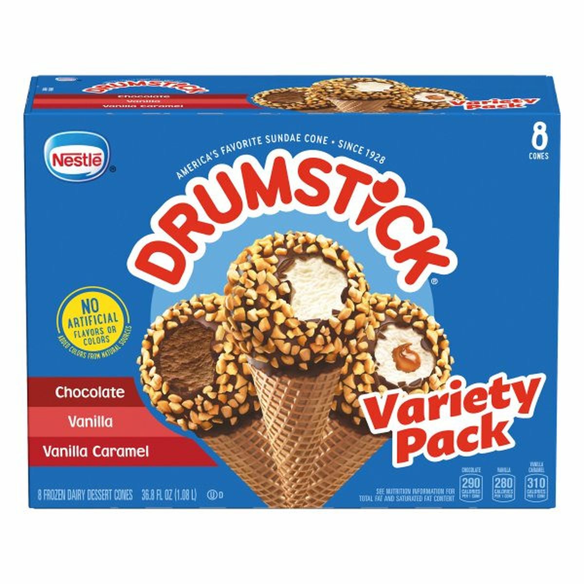 Calories in Drumstick Frozen Dairy Dessert Cones, Chocolate/Vanilla/Vanilla Caramel, Variety Pack, 8 Pack