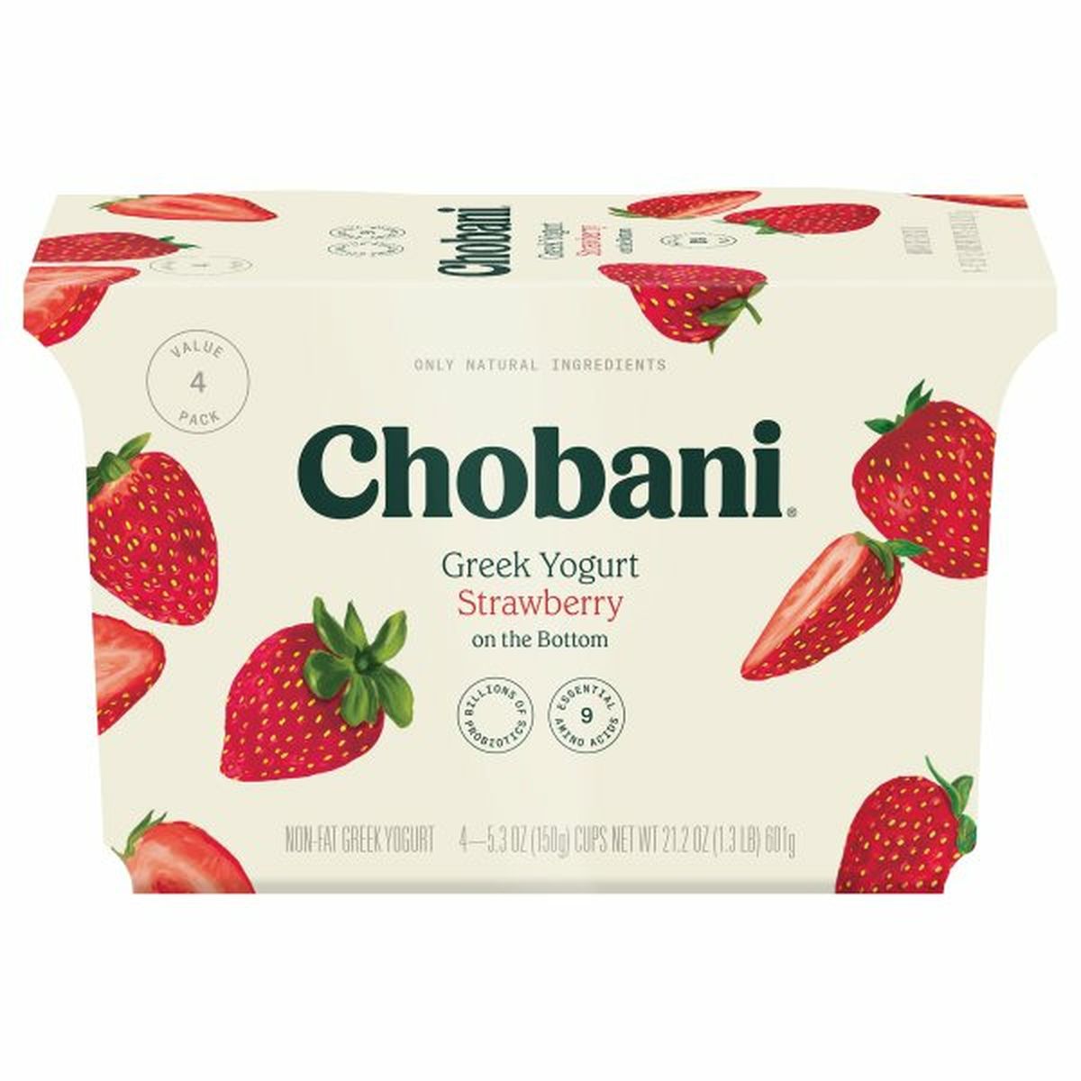 Calories in Chobani Yogurt, Greek, Non-Fat, Strawberry, on the Bottom, Value 4 Pack