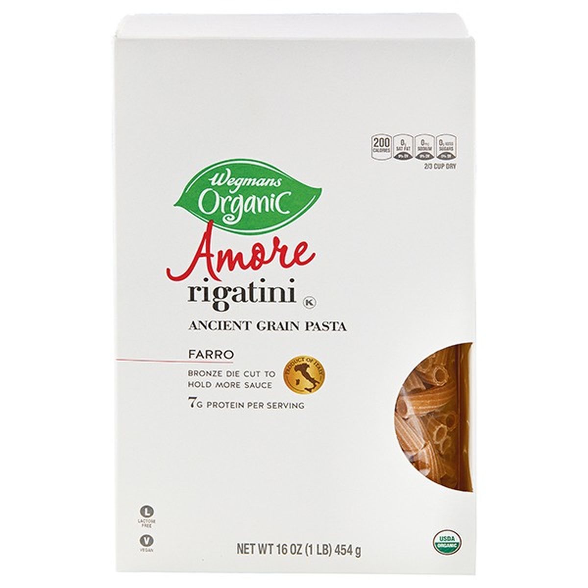 Calories in Wegmans Organic Amore Rigatini, Ancient Grain Pasta, Farro
