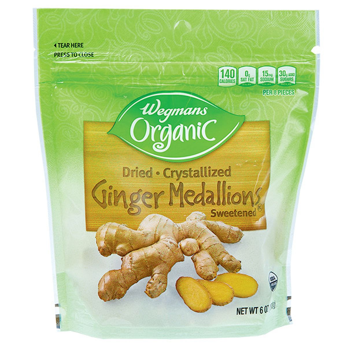 Calories in Wegmans Organic Dried Crystallized Ginger Medallions