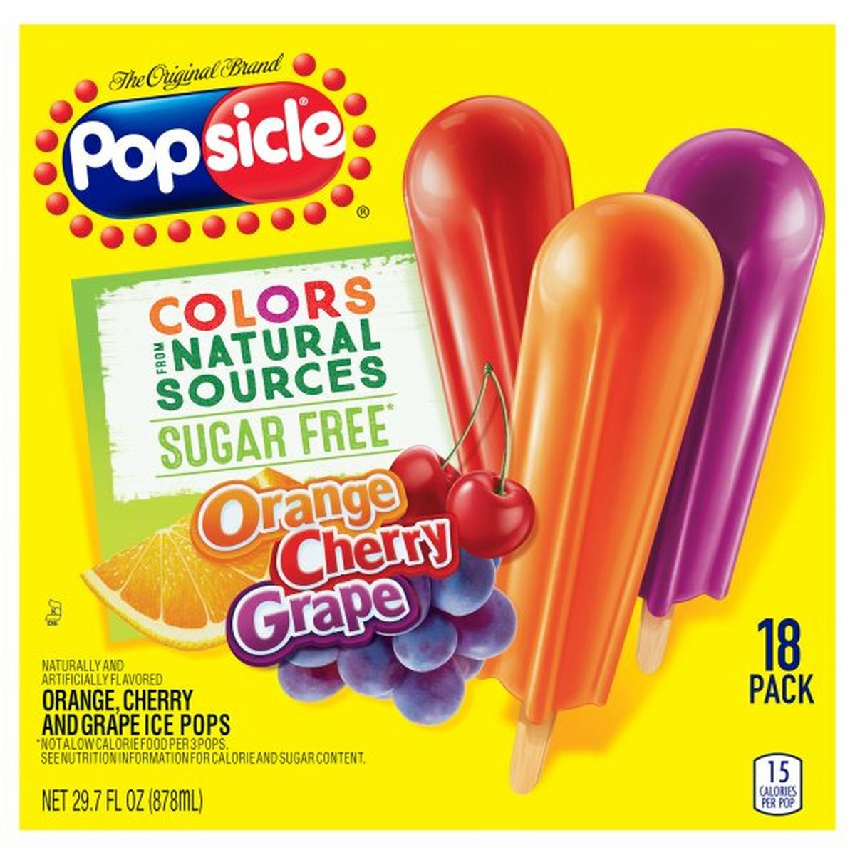 Calories in Popsicle Ice Pops, Orange/Cherry/Grape, Sugar Free, 18 Pack