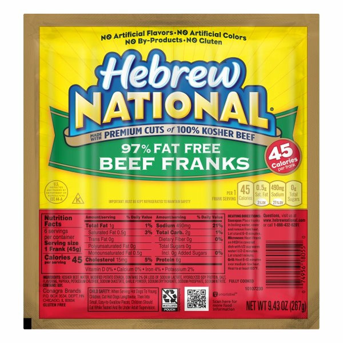 Calories in Hebrew National Beef Franks, 97% Fat Free
