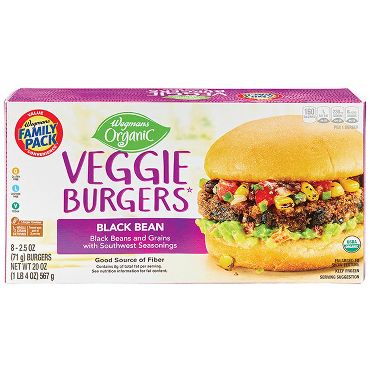 Calories in Wegmans Organic Frozen Black Bean Veggie Burgers, FAMILY PACK