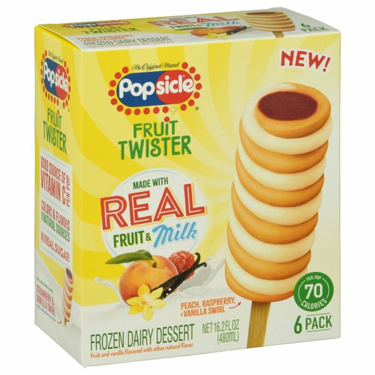 Calories in Popsicle Frozen Dairy Dessert, Peach, Raspberry & Vanilla Swirl, Fruit Twister, 6 Pack