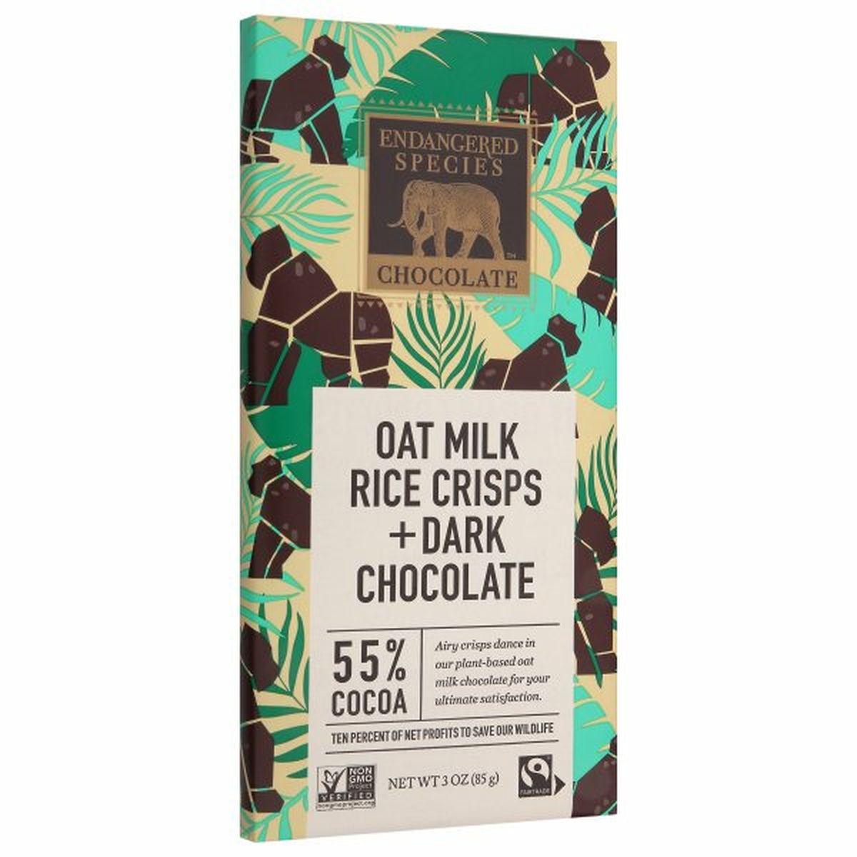 Calories in Endangered Species Chocolate, Oat Milk Rice Crisp + Dark Chocolate, 55% Cocoa