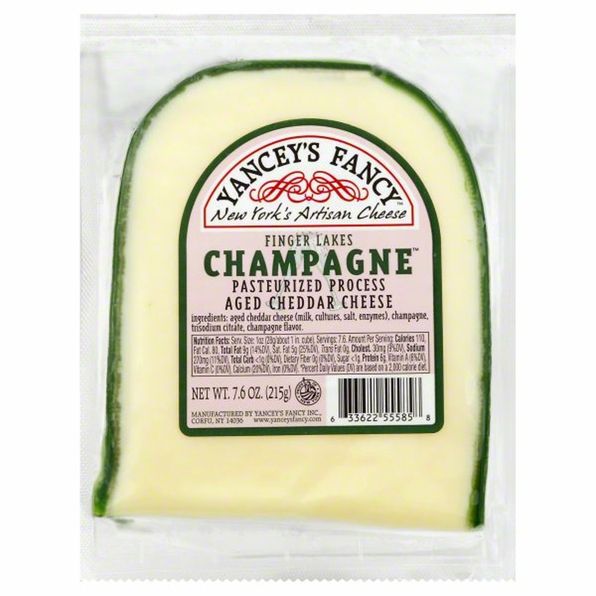 Calories in Yancey's Fancy Cheese, Pasteurized Process Aged Cheddar, Finger Lakes Champagne