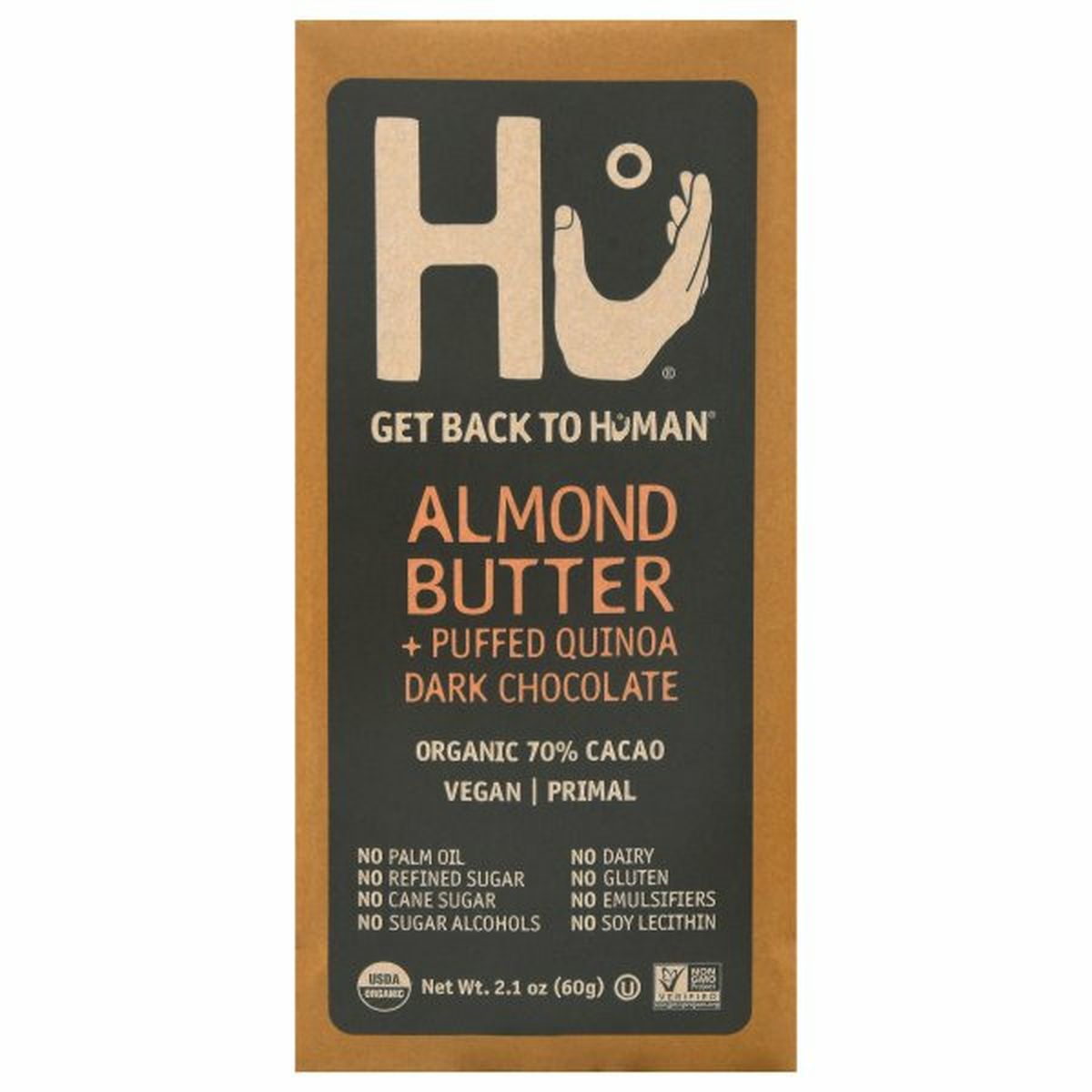 Calories in Hu Dark Chocolate, Almond Butter + Puffed Quinoa, Organic 70% Cacao