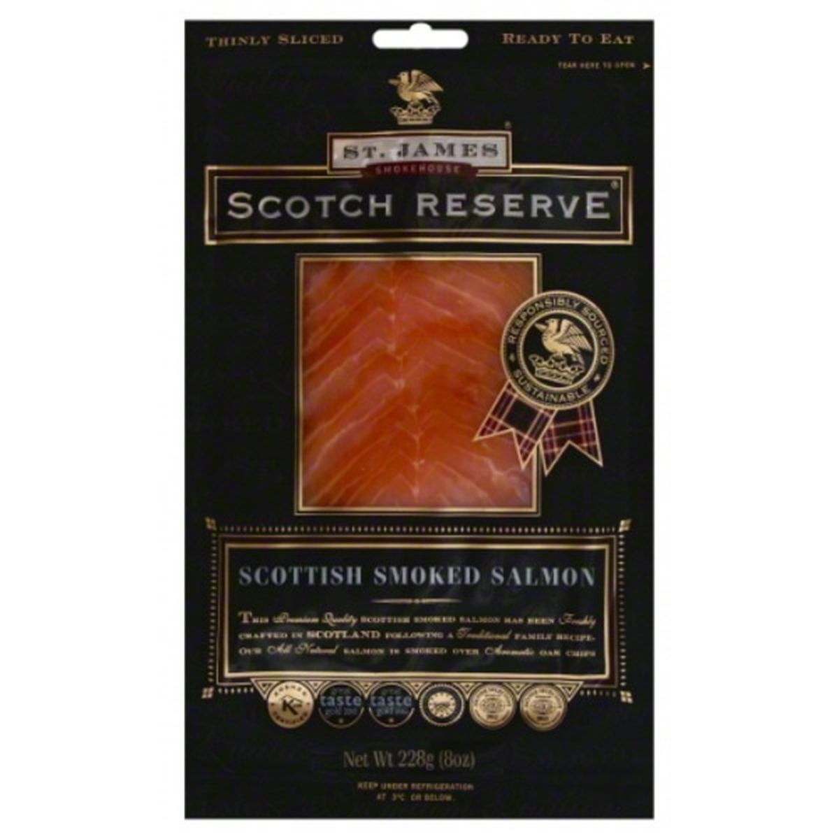 Calories in St James Scotch Reserve Salmon, Scottish Smoked, Thinly Sliced