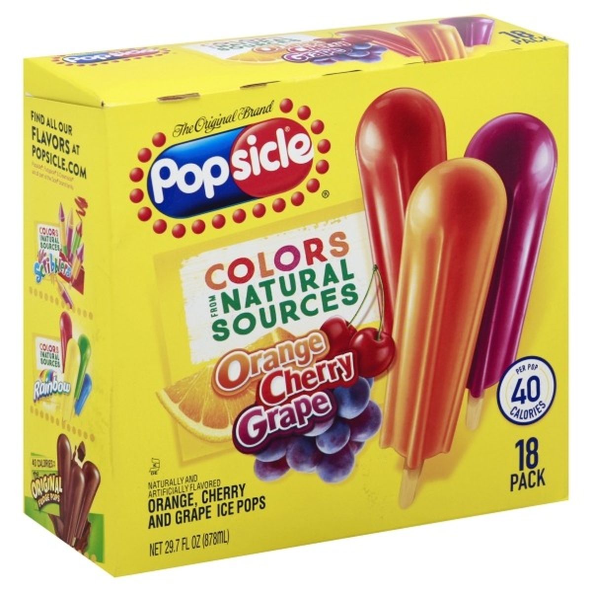 Calories in Popsicle Ice Pops, Orange, Cherry, Grape, 18 Pack