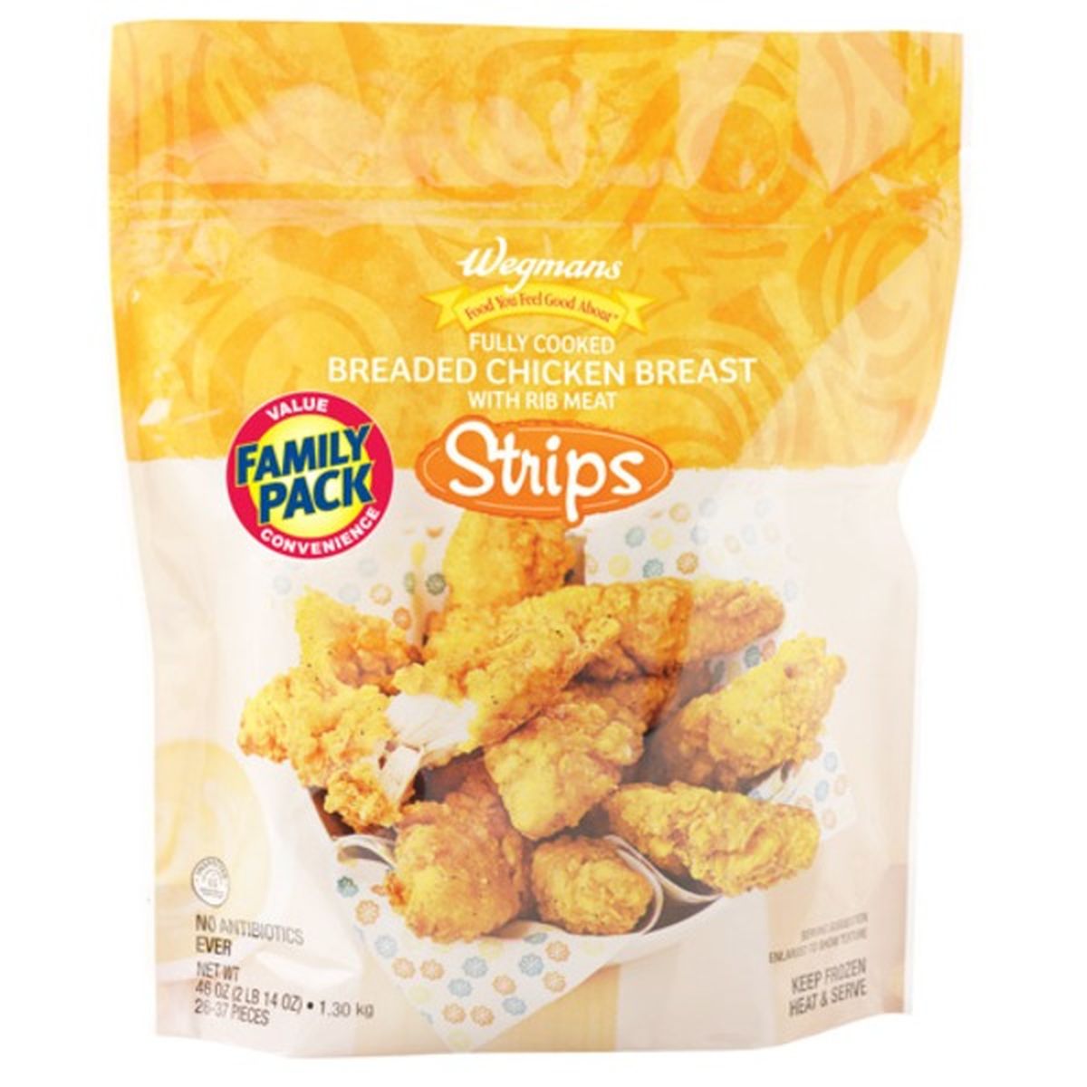 Calories in Wegmans Frozen Fully Cooked Breaded Chicken Breast Strips, FAMILY PACK