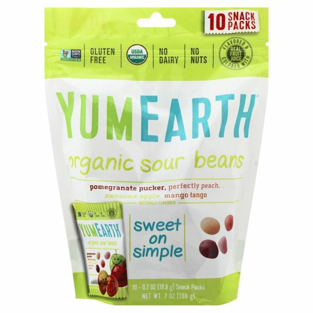 Calories in YumEarth Sour Beans, Organic, Assorted, 10 Snack Packs