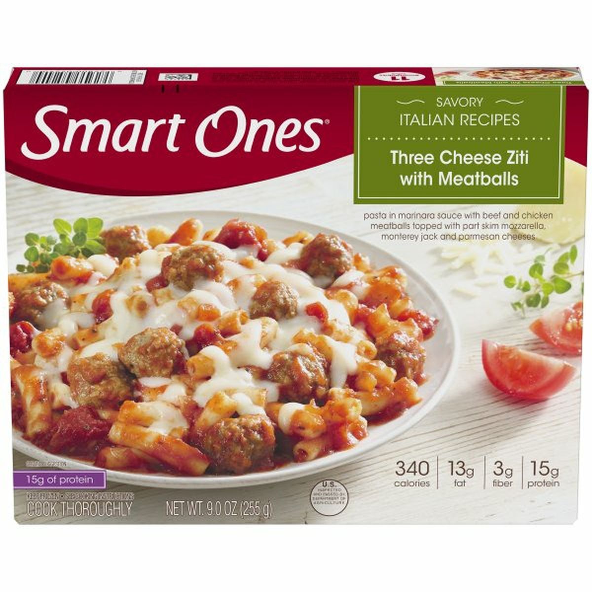 Calories in Smart Ones Savory Italian Recipes Three Cheese Ziti with Meatballs