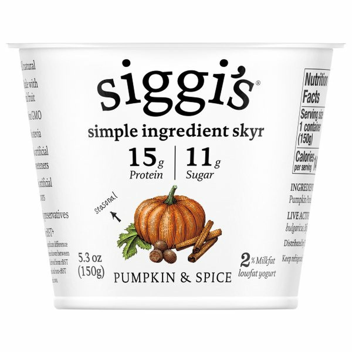 Calories in Siggi's Yogurt, Lowfat, Pumpkin & Spice