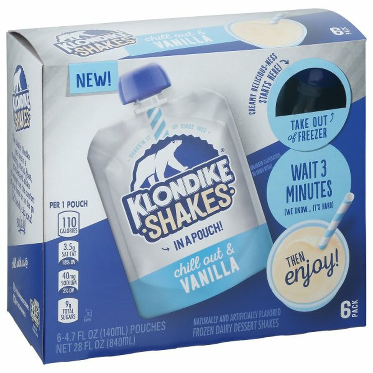 Calories in Klondike Shakes Frozen Dairy Dessert Shakes, Chill Out & Vanilla, 6 Pack