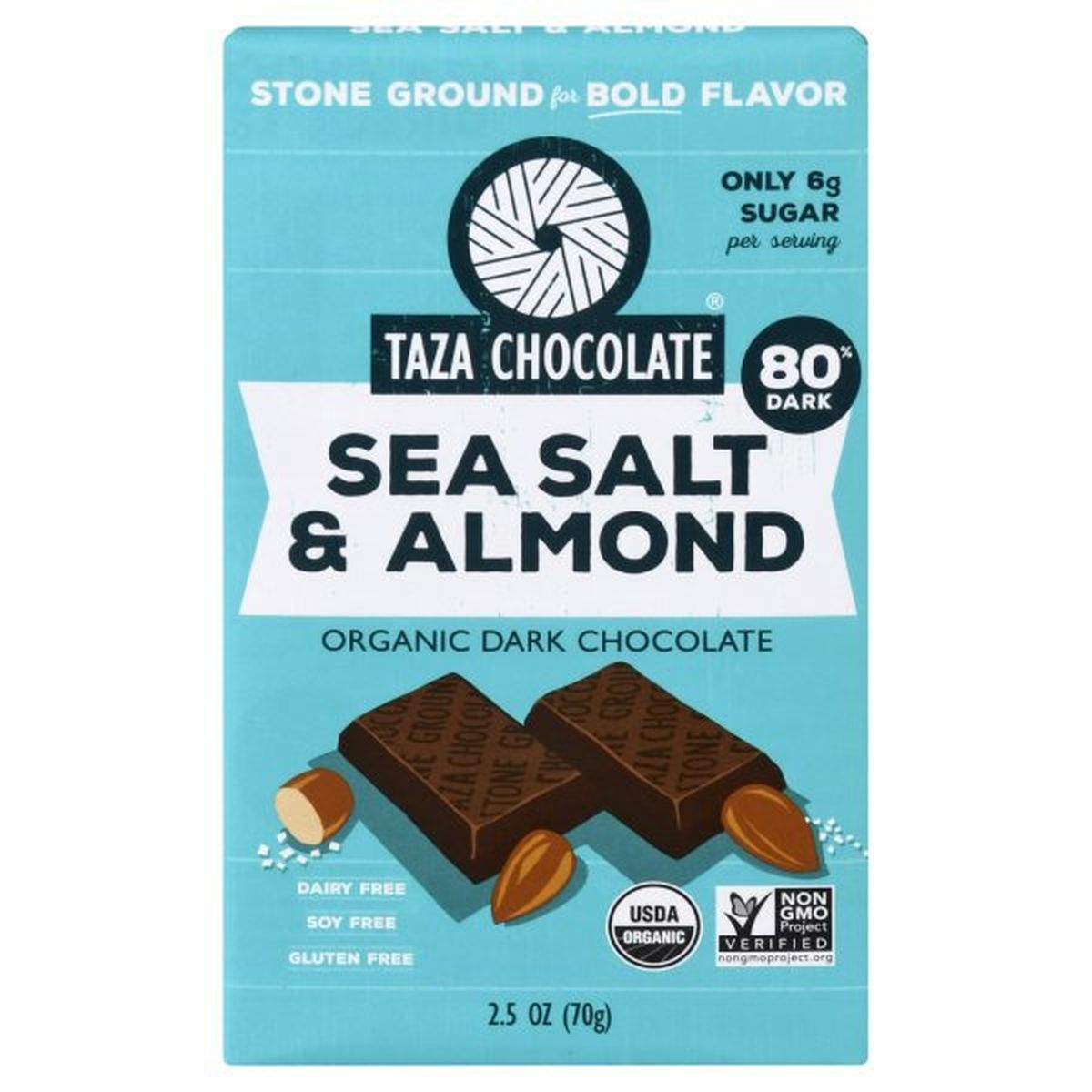 Calories in Taza Chocolate Dark Chocolate, Organic, Sea Salt & Almond, 80% Dark
