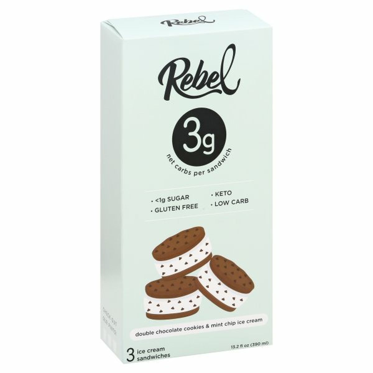 Calories in Rebel Ice Cream Sandwiches, Double Chocolate Cookies & Mint Chip