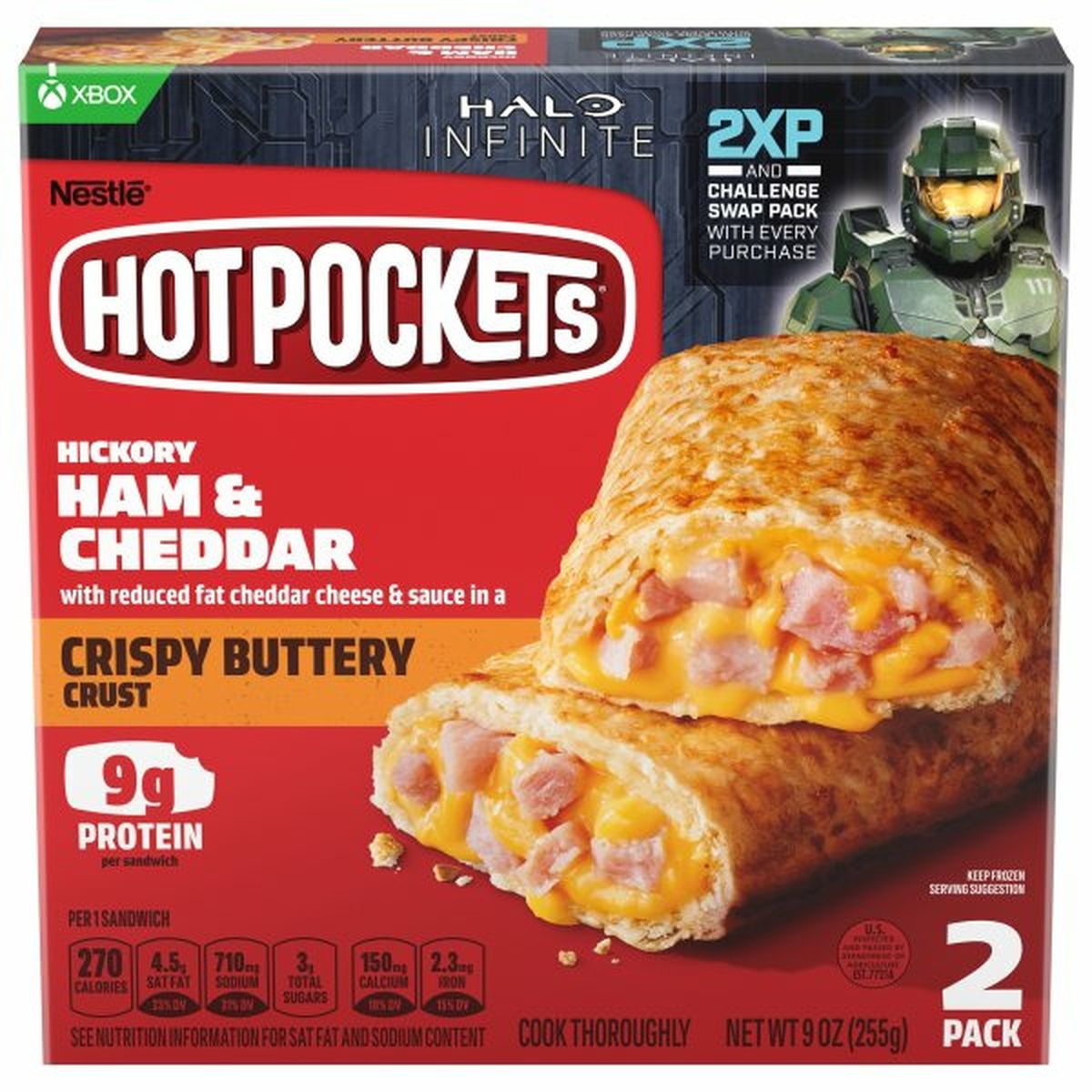 Calories in Hot Pockets Sandwiches, Ham & Cheddar, Hickory, Crispy Buttery Crust, 2 Pack