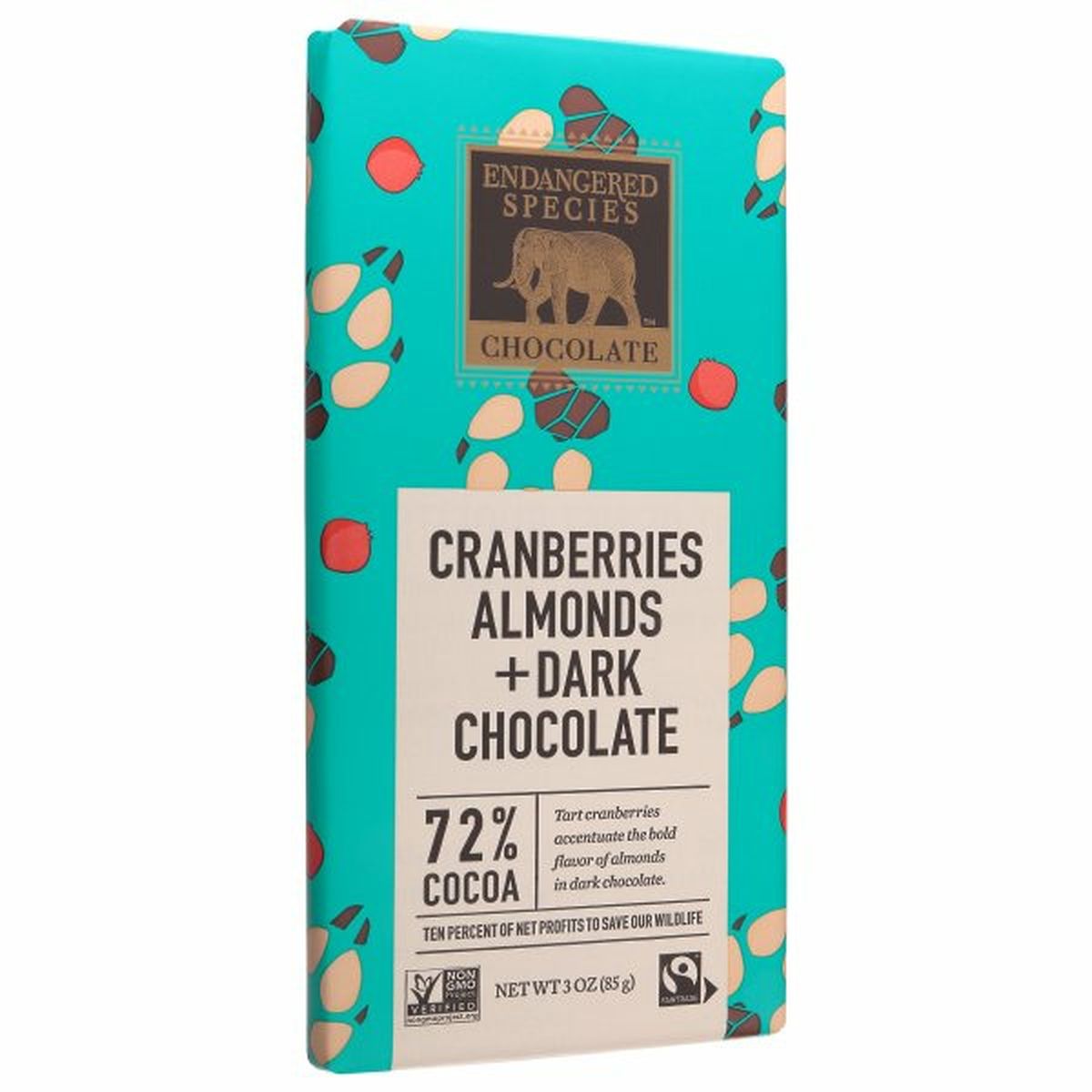 Calories in Endangered Species Chocolate, Cranberries Almonds + Dark Chocolate, 72% Cocoa