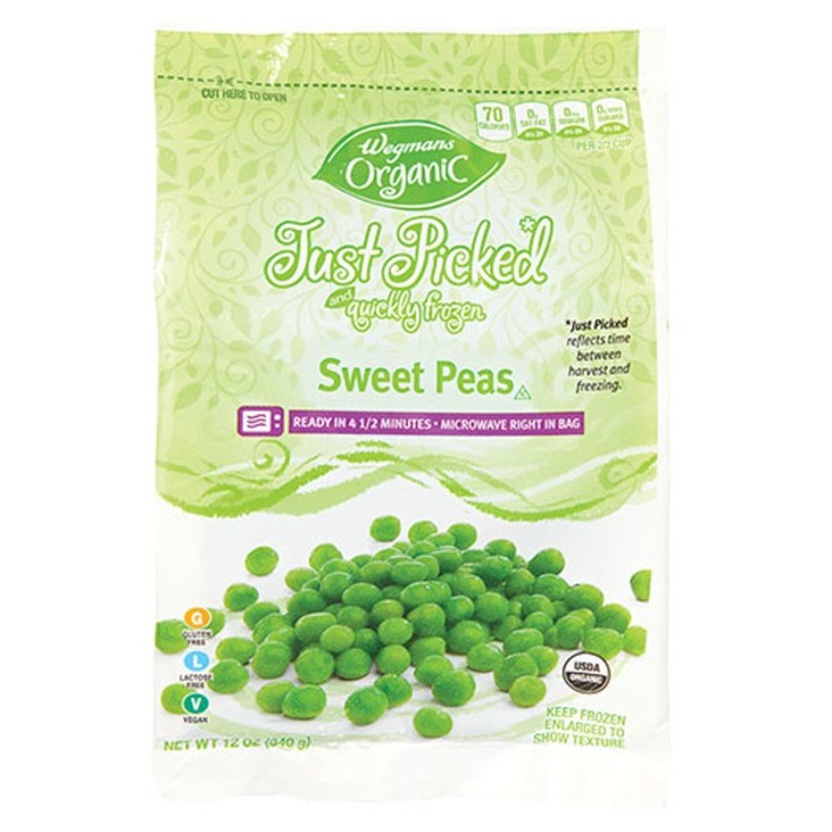 Calories in Wegmans Organic Microwaveable Sweet Peas